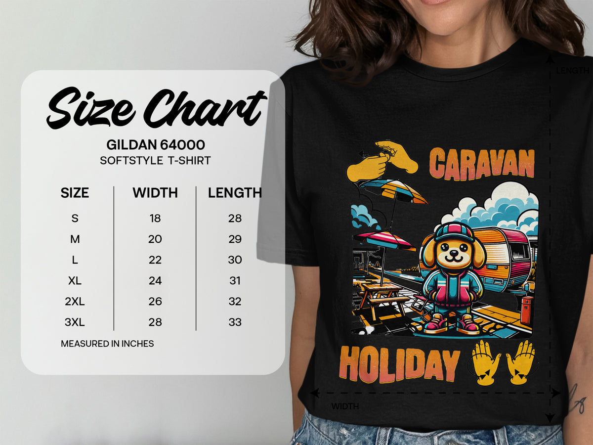 Gildan 64000 Softstyle T-shirt size chart with measurements in inches.