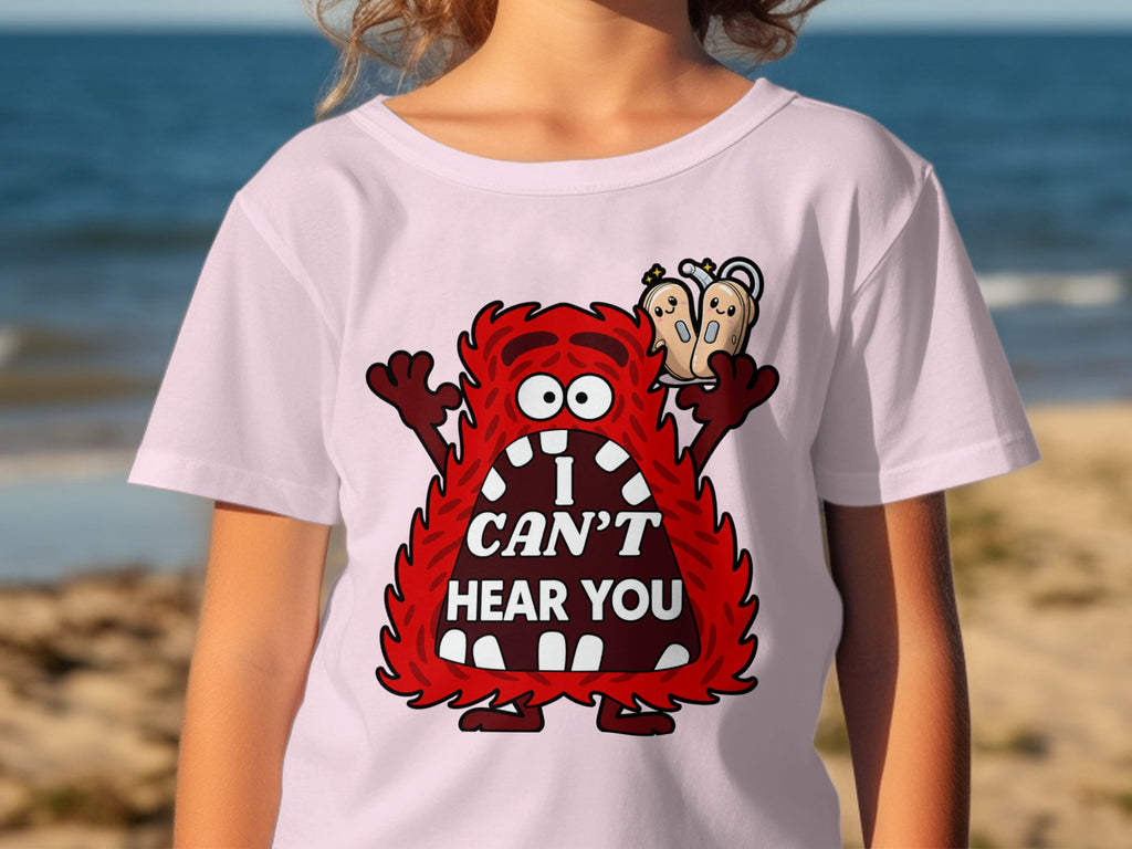 Red monster with open mouth on t-shirt saying "I CAN'T HEAR YOU".