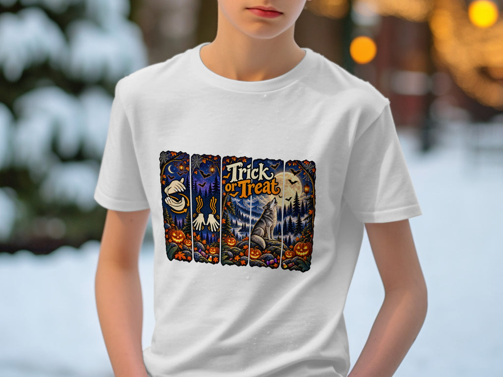 White t-shirt with Halloween graphic featuring "Trick or Treat" text and a howling wolf.