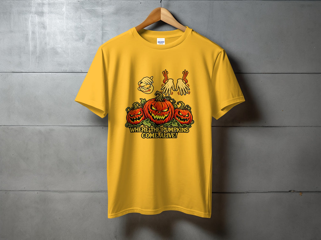 Yellow t-shirt with carved pumpkins and text: "Where the pumpkins come alive!"