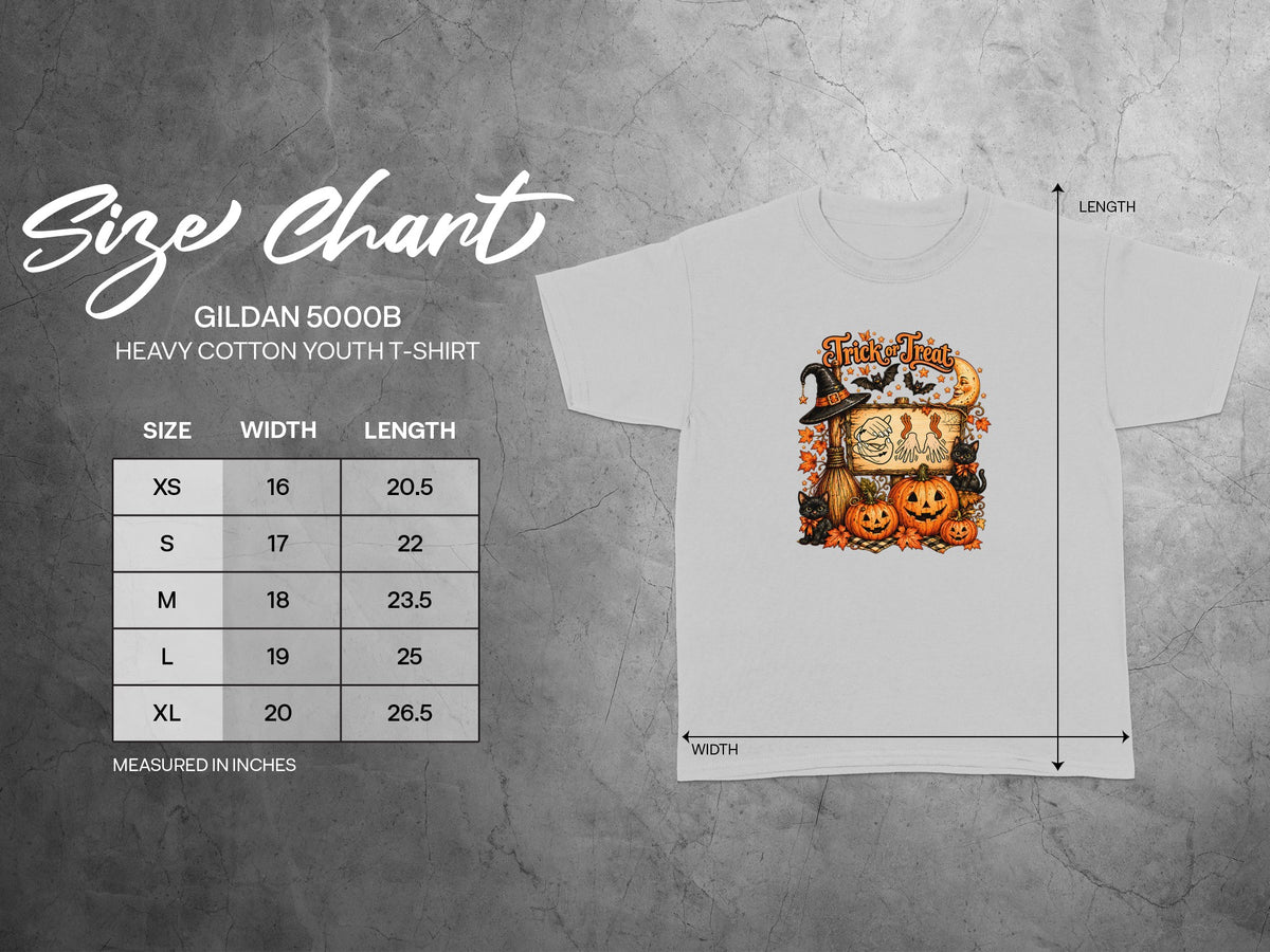 Gildan 5000B youth t-shirt size chart with measurements for width and length.
