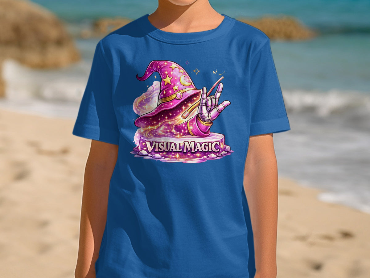 Blue t-shirt with a pink wizard hat and "Visual Magic" text.