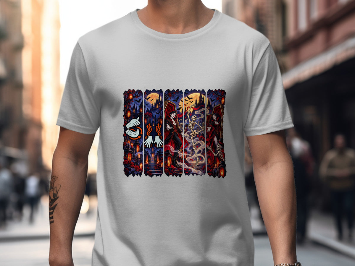 T-shirt with Halloween-themed artwork featuring vampires and skeletons.