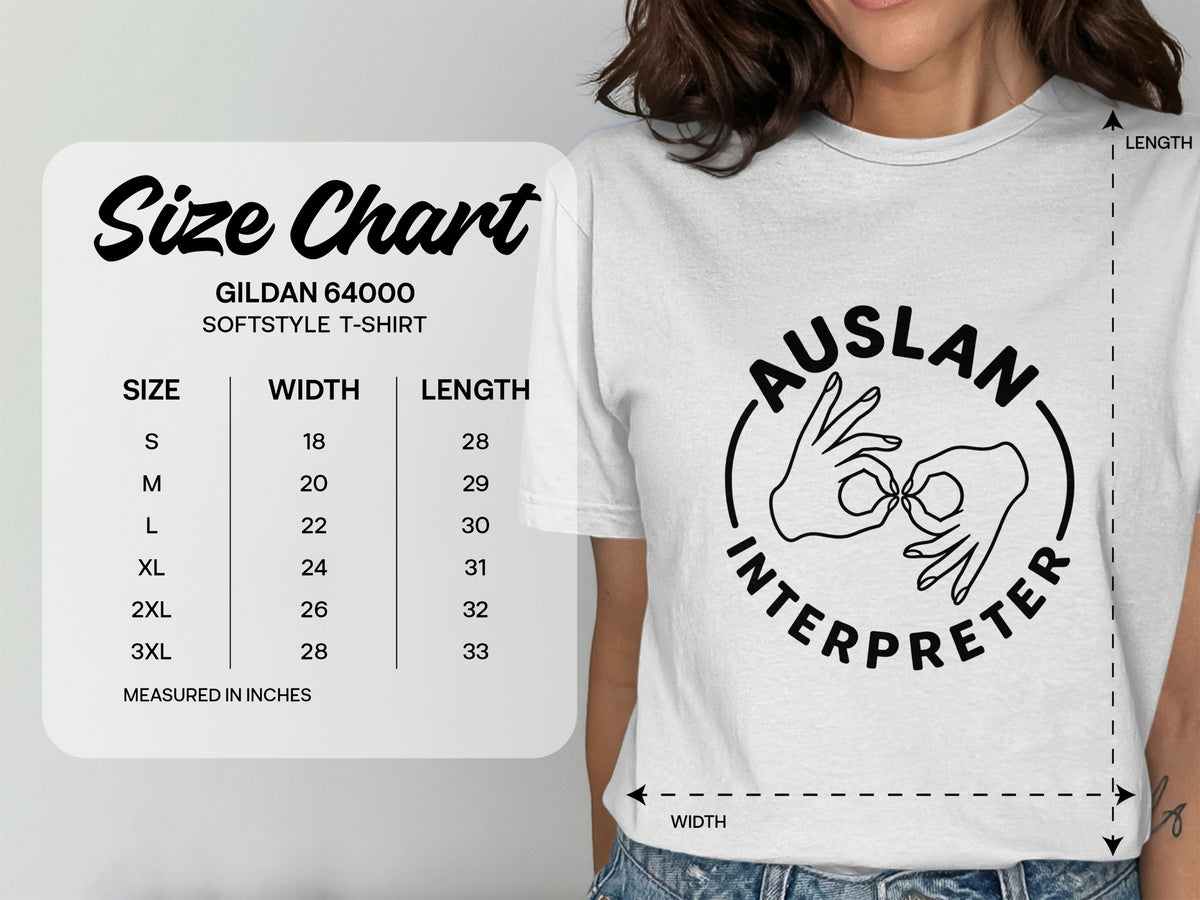 Gildan 64000 softstyle t-shirt size chart with measurements in inches and AUSLAN interpreter graphic.