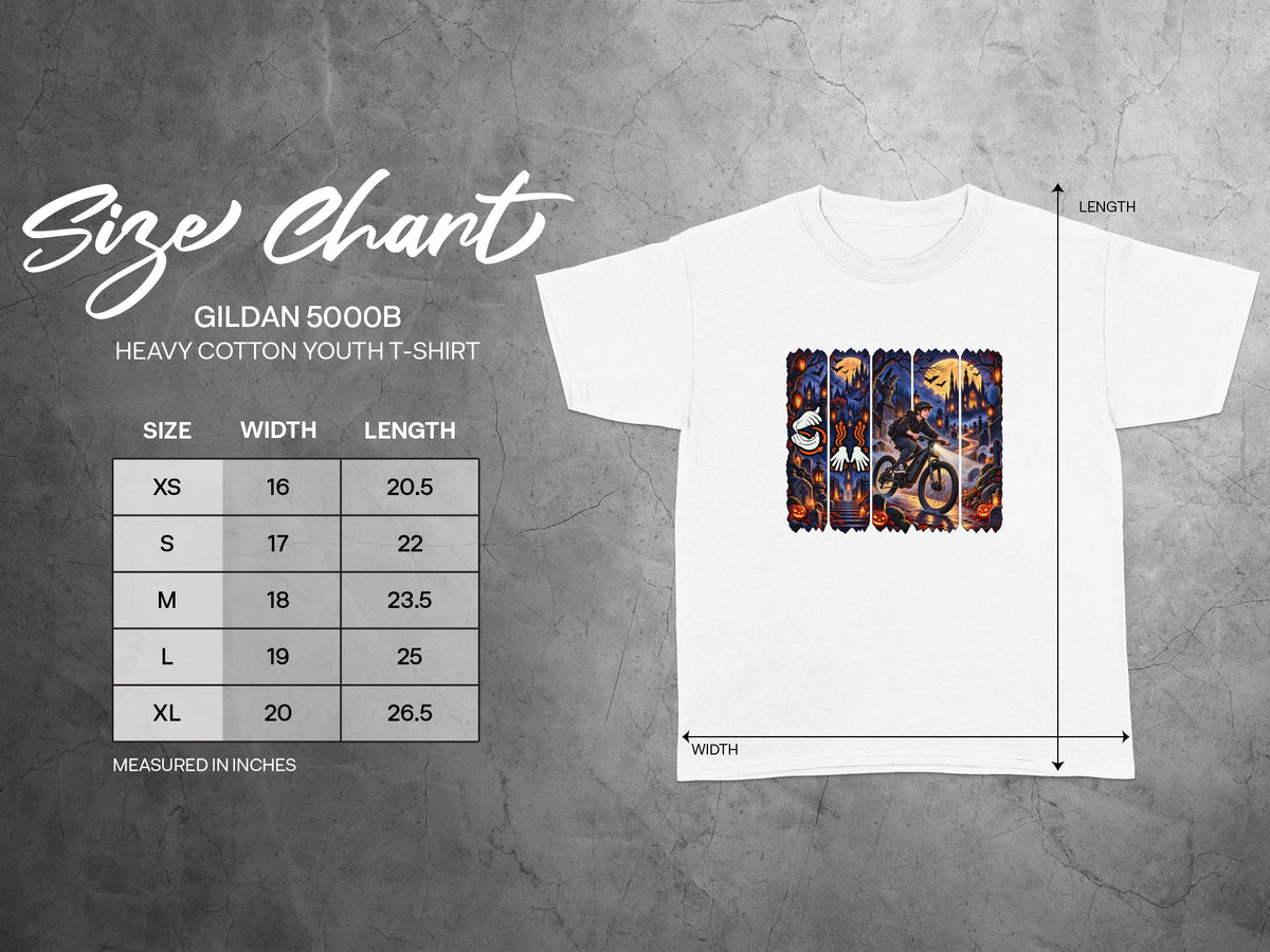 Gildan 5000B youth t-shirt size chart with width and length measurements in inches.