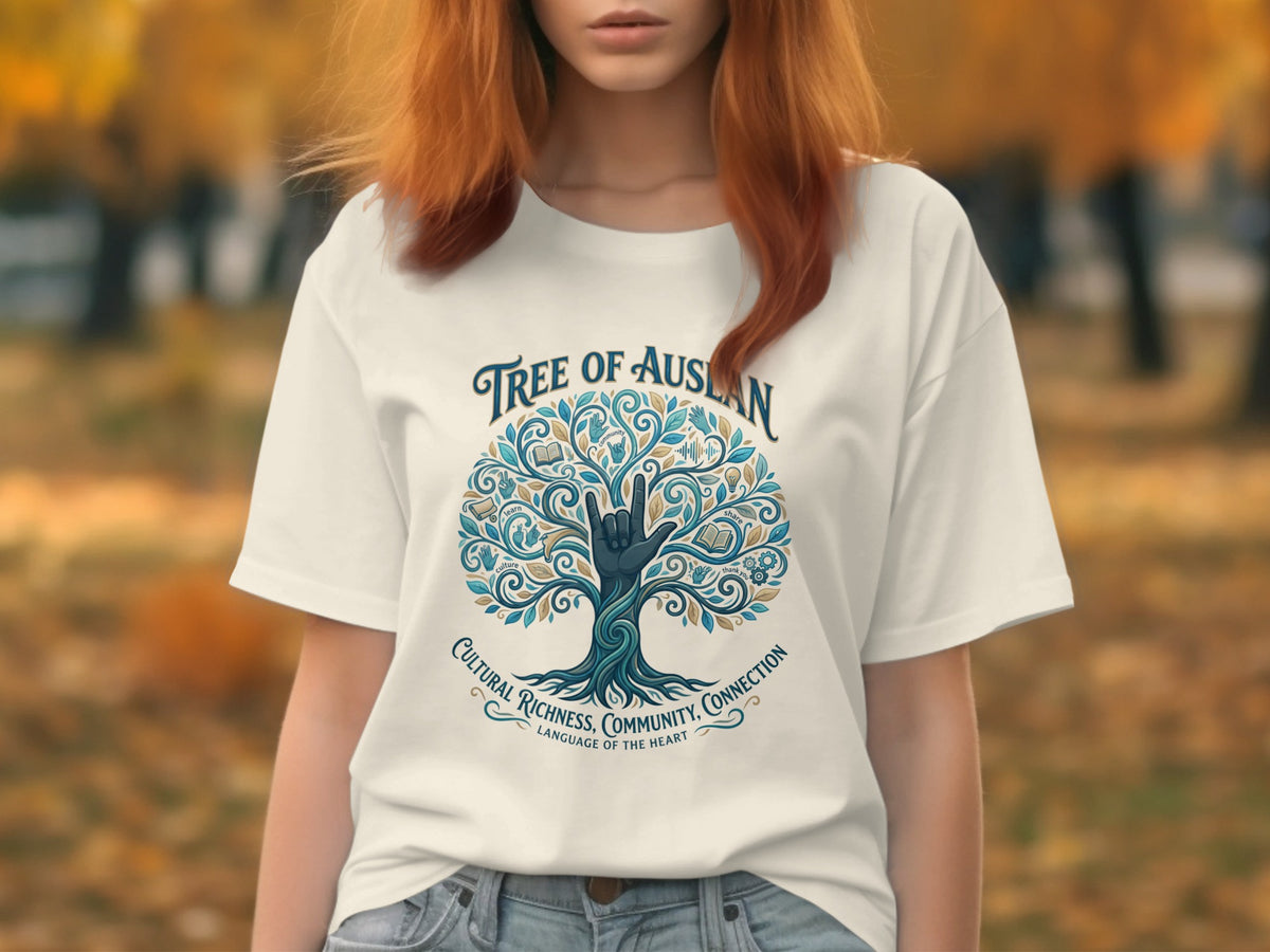 White t-shirt with Tree of Auslan design featuring a hand symbol and various icons.