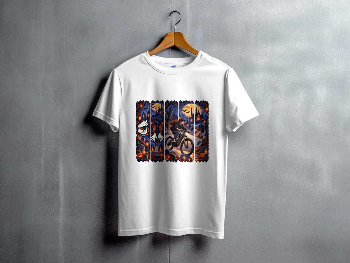 White t-shirt with a Halloween-themed graphic featuring a person on a bicycle.
