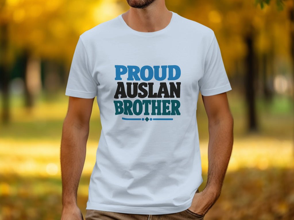 White t-shirt with blue and black text that reads "PROUD AUSLAN BROTHER".