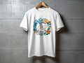 White t-shirt with "Auslan Interpreter" text and hand sign graphic, framed by tropical scenery.