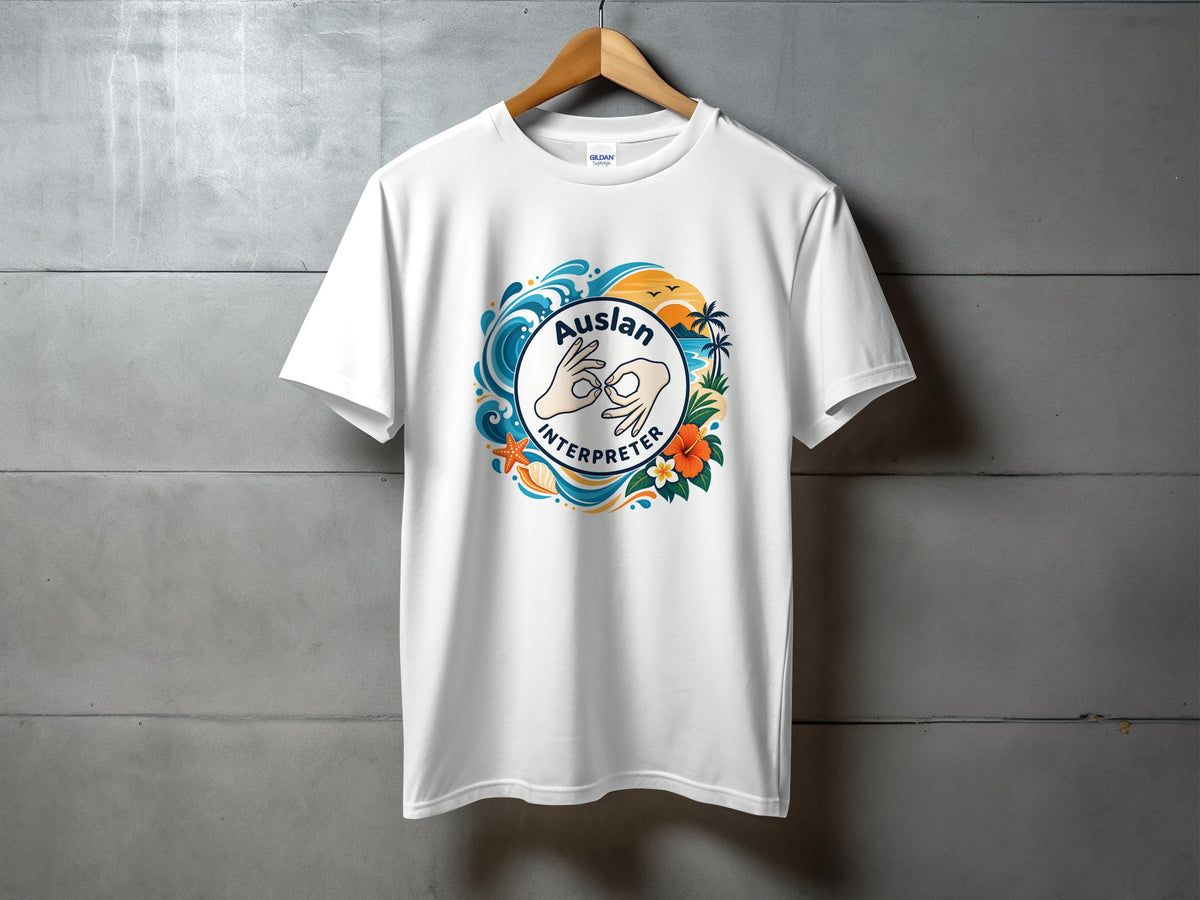 White t-shirt with "Auslan Interpreter" text and hand sign graphic, framed by tropical scenery.