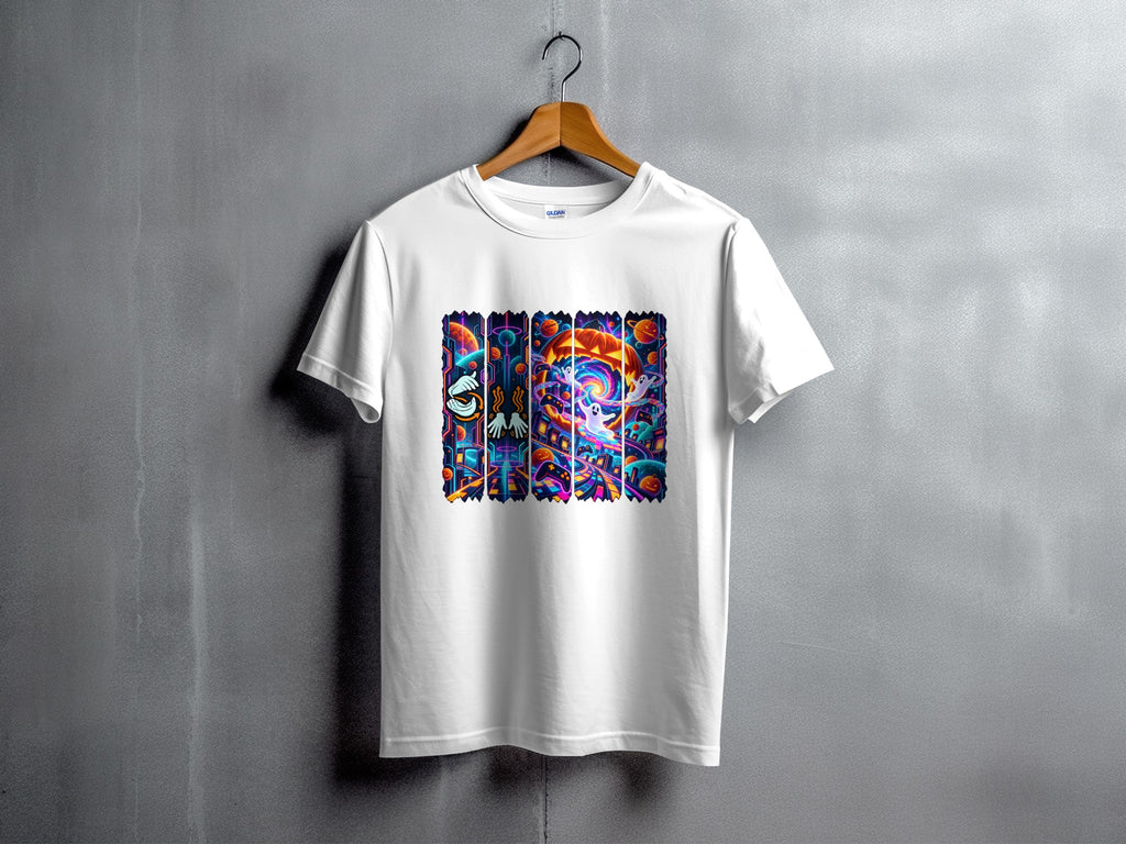 White t-shirt with a colorful, segmented graphic featuring ghosts, planets, and gaming controllers.