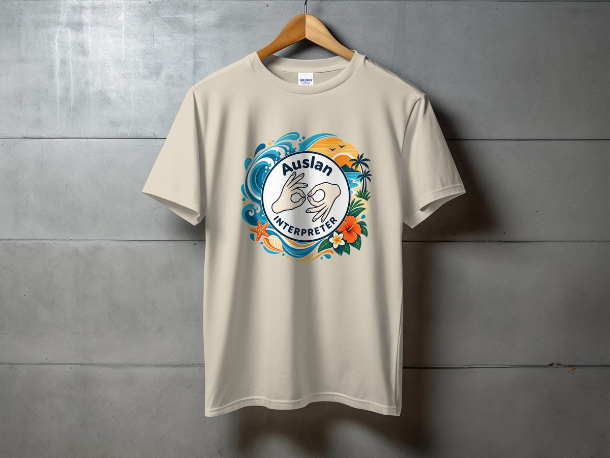 Cream t-shirt with "Auslan Interpreter" and ASL hands in a tropical circle design.