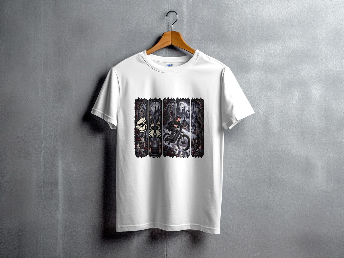 White t-shirt featuring a dark fantasy graphic of a person on a motorcycle.