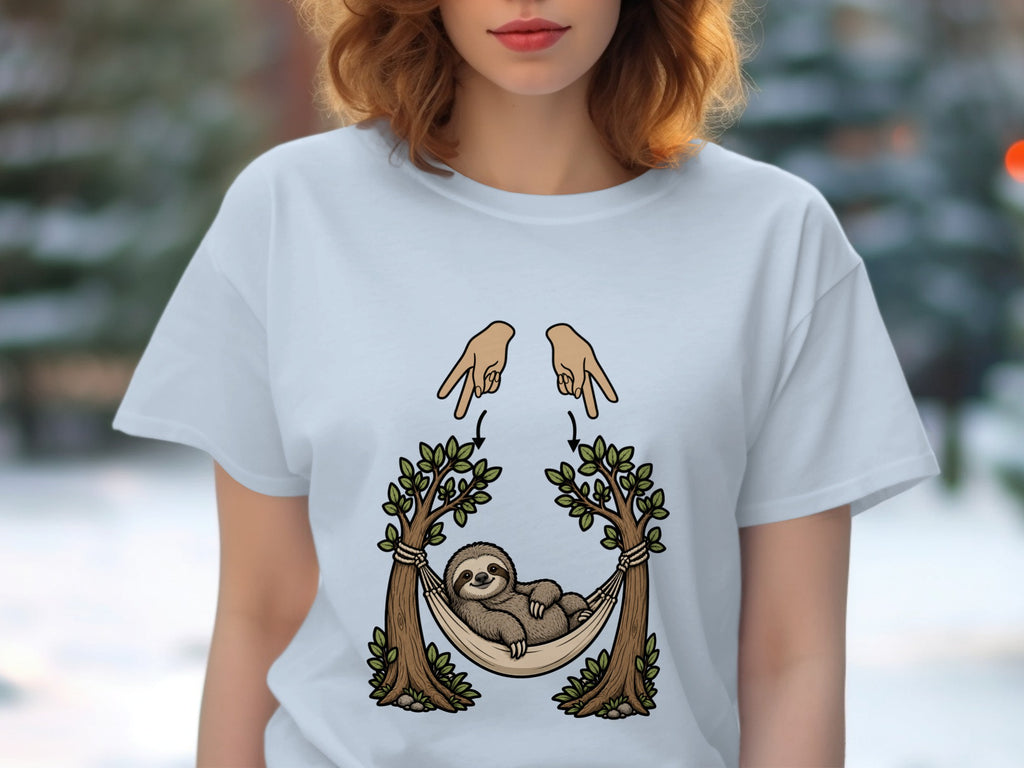 Sloth in hammock between trees, with hands making sign language for "relax"