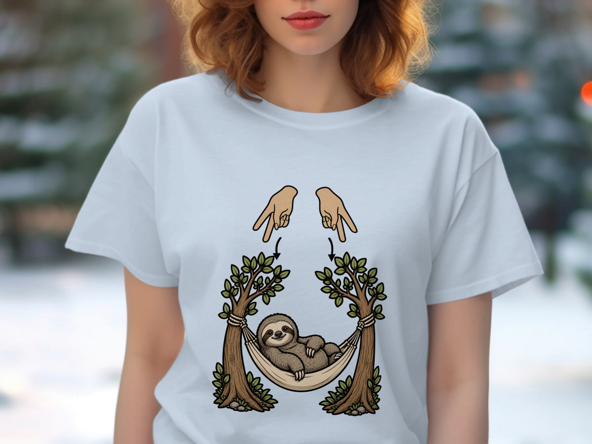 Sloth in hammock between trees, with hands making sign language for "relax"