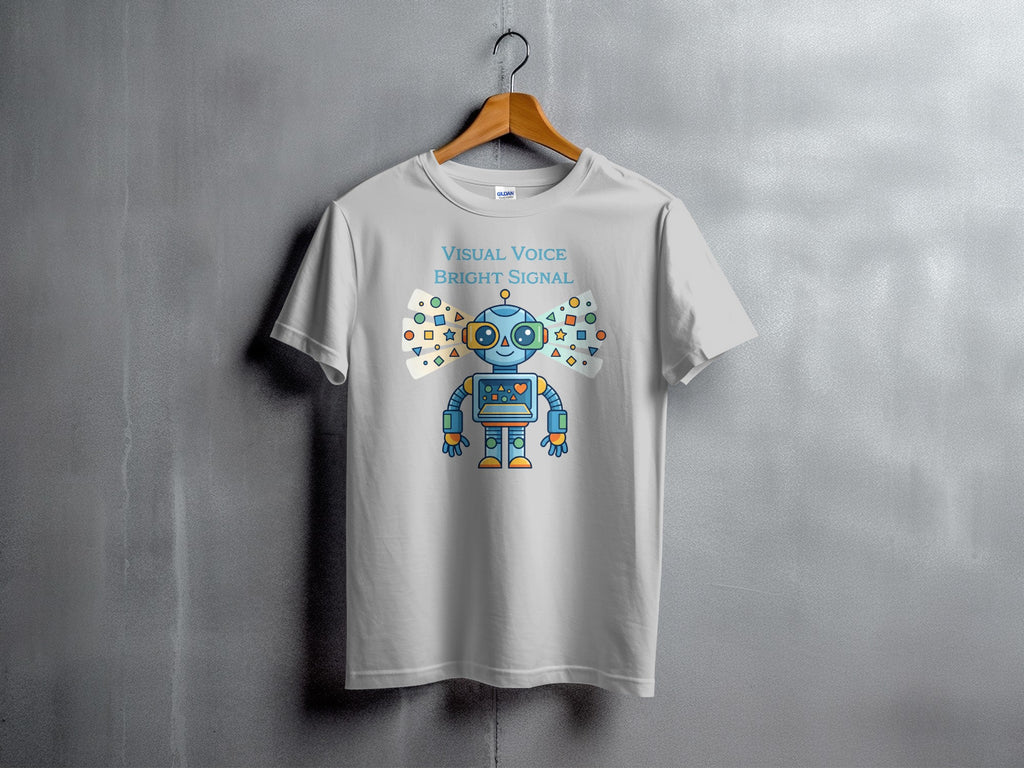 Light gray t-shirt with a colorful cartoon robot and text "VISUAL VOICE BRIGHT SIGNAL".