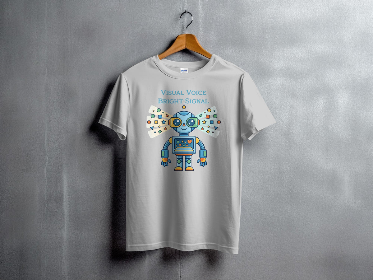 Light gray t-shirt with a colorful cartoon robot and text "VISUAL VOICE BRIGHT SIGNAL".