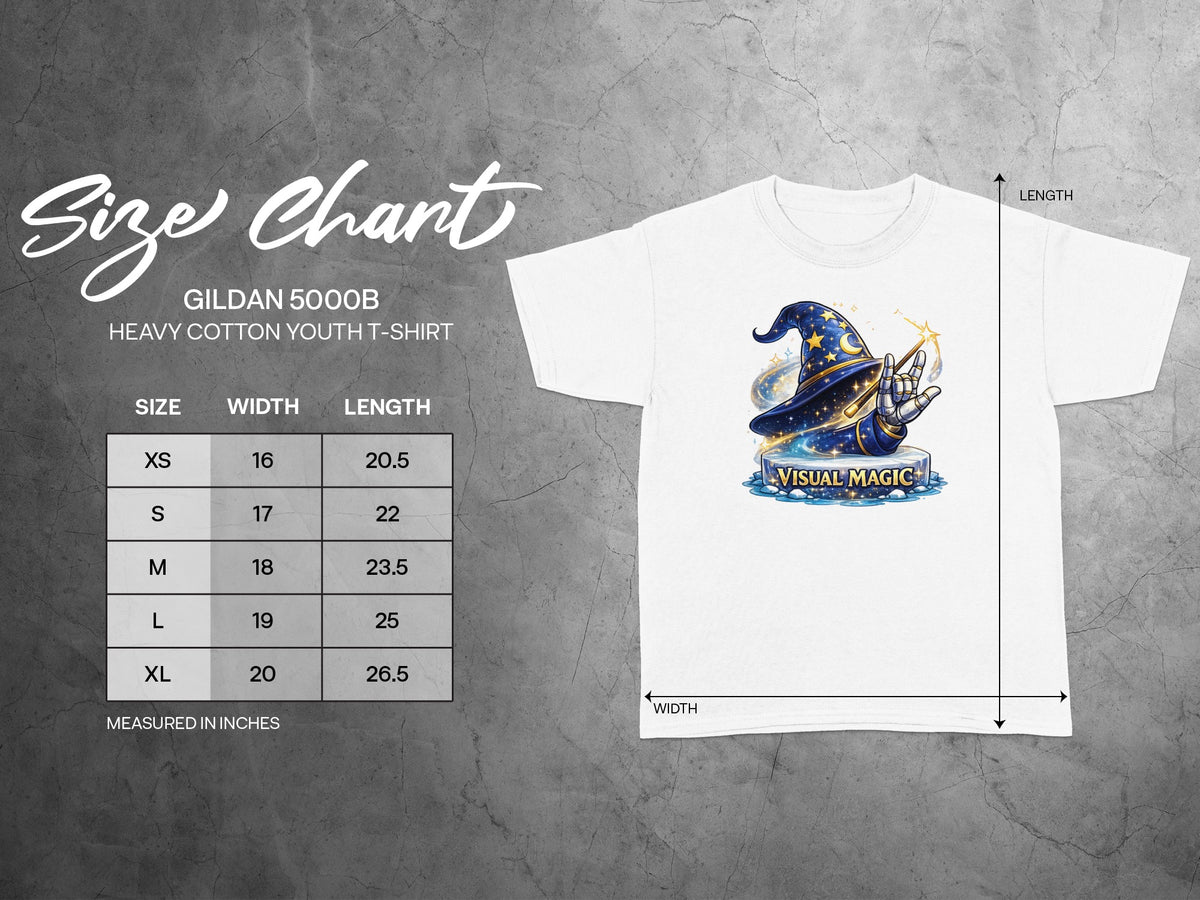 Gildan 5000B youth t-shirt size chart with width and length measurements.