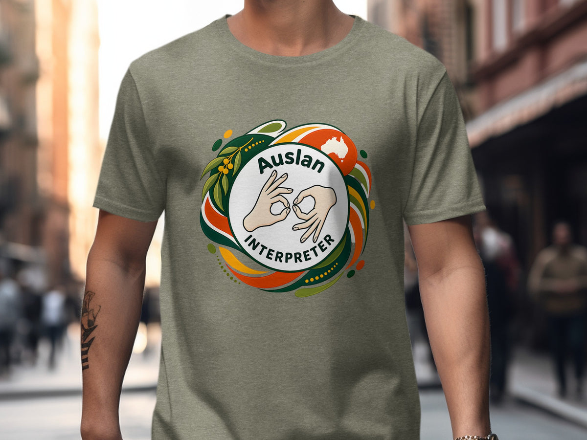 T-shirt design with "Auslan Interpreter" text and Australian map graphic.