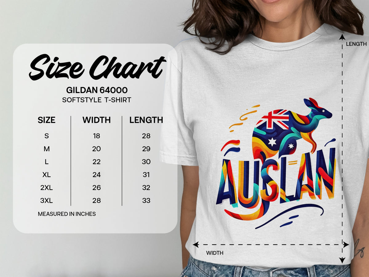 Gildan 64000 softstyle t-shirt size chart with kangaroo graphic.