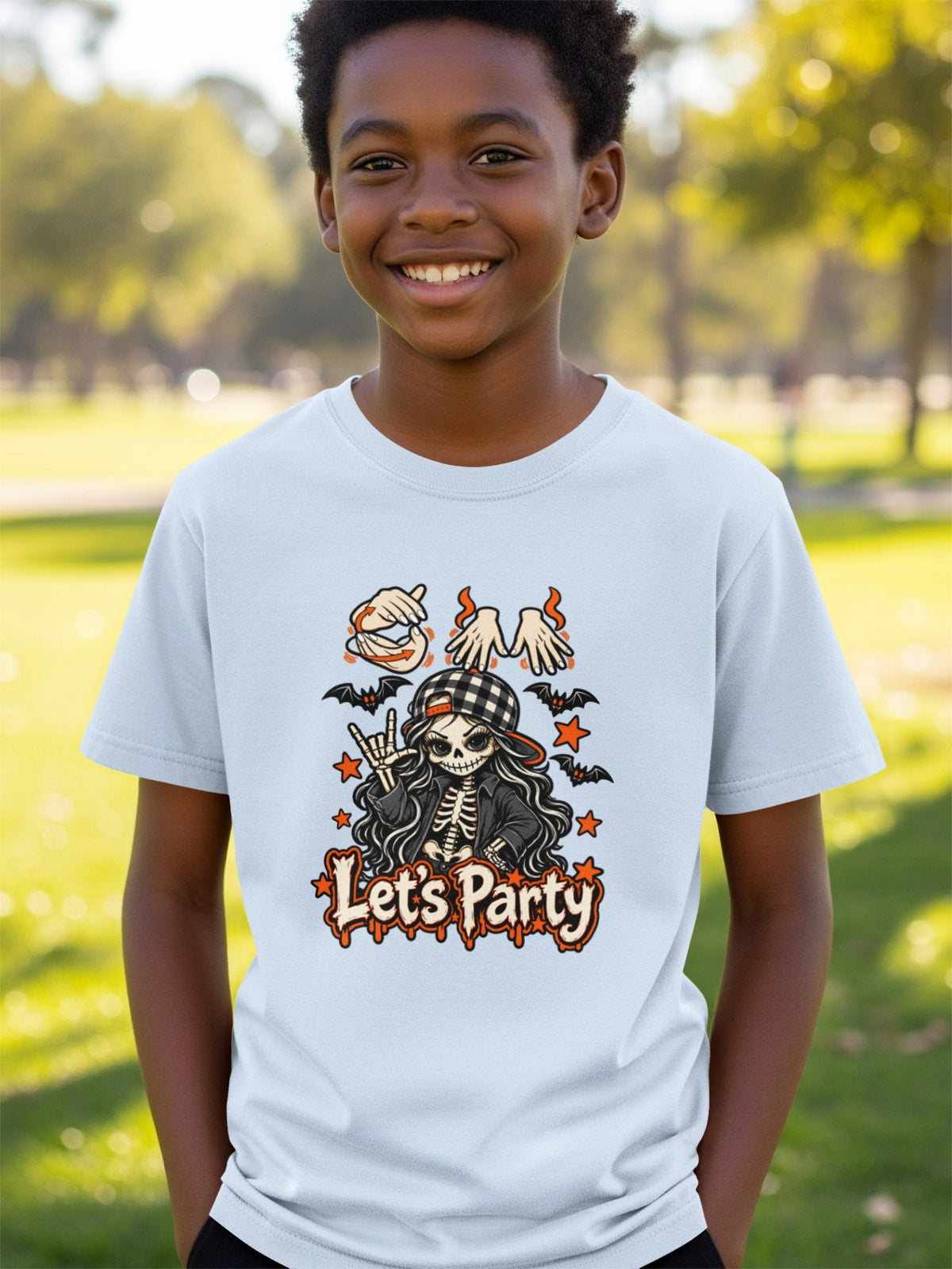Skeleton graphic on light blue t-shirt with text "Let's Party".