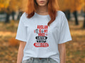 White t-shirt with "AUSLAN IS MY VOICE LISTEN WITH YOUR EYES" text.