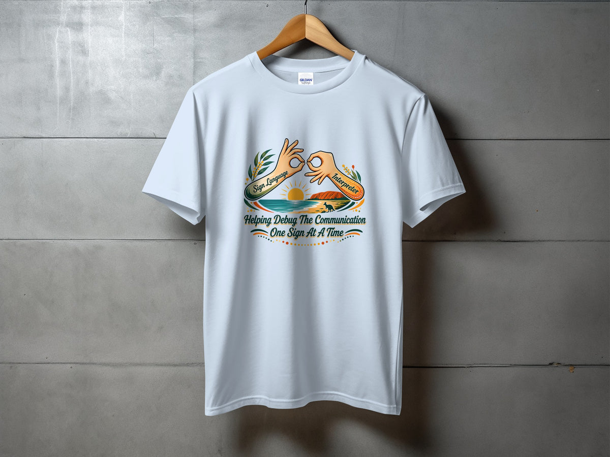 White t-shirt with graphic of hands signing, sun, and text "Helping Debug The Communication One Sign At A Time".