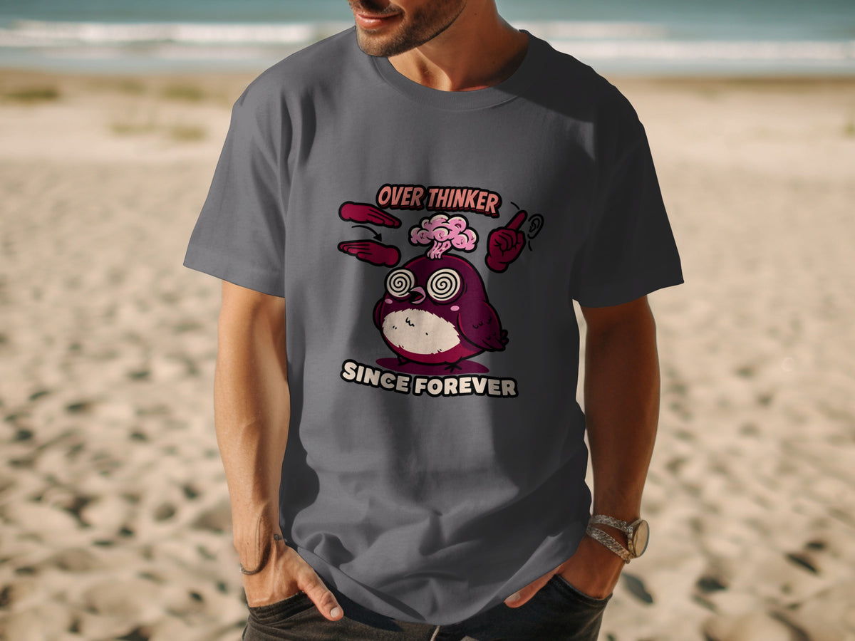 Grey t-shirt with "Over Thinker Since Forever" text and cartoon owl design.