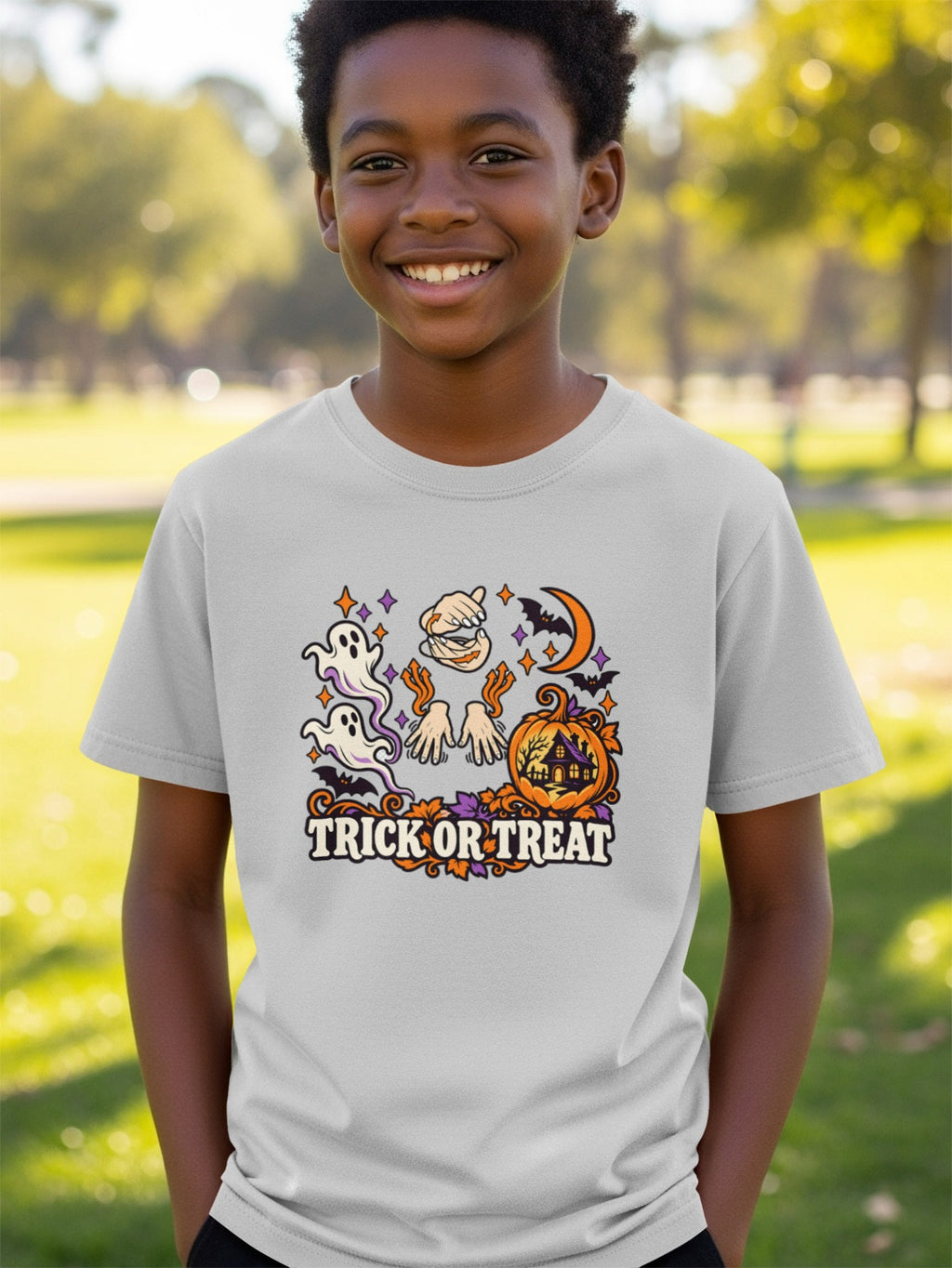 Boy in gray t-shirt with Halloween graphic featuring ghosts, pumpkin, bats, and "Trick or Treat" text.