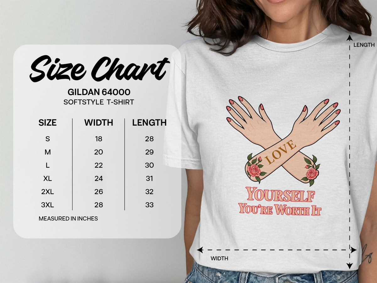 Gildan 64000 Softstyle t-shirt size chart with measurements in inches.