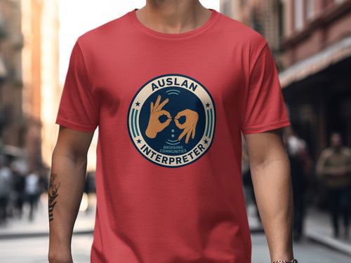 Red t-shirt with a circular AUSLAN Interpreter Bridging Communities logo.
