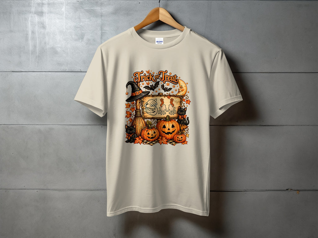 T-shirt with "Trick or Treat" text, pumpkins, black cats, bats, and moon.