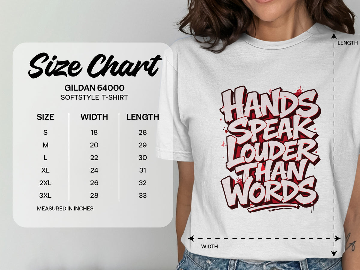 Gildan 64000 softstyle t-shirt size chart with width and length in inches.