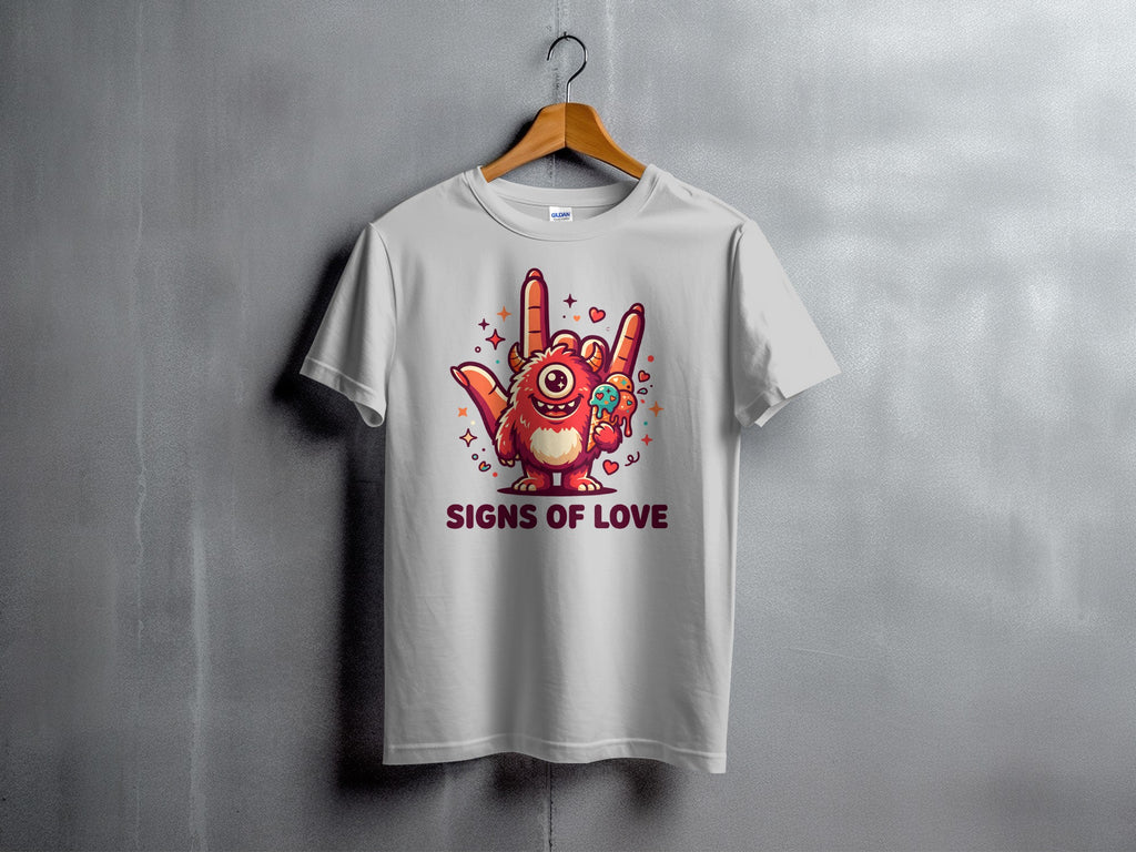Red monster making rock sign with ice cream and text "SIGNS OF LOVE".