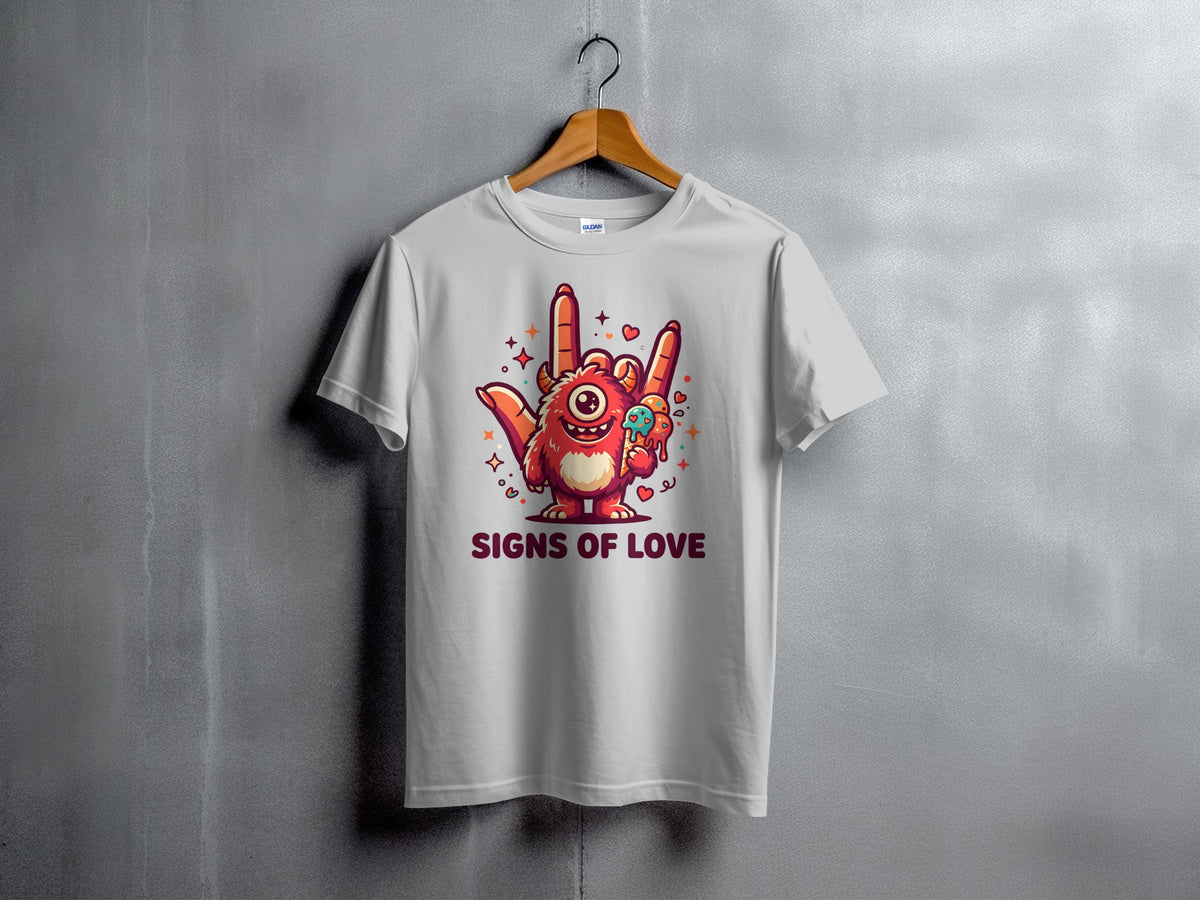 Red monster making rock sign with ice cream and text "SIGNS OF LOVE".