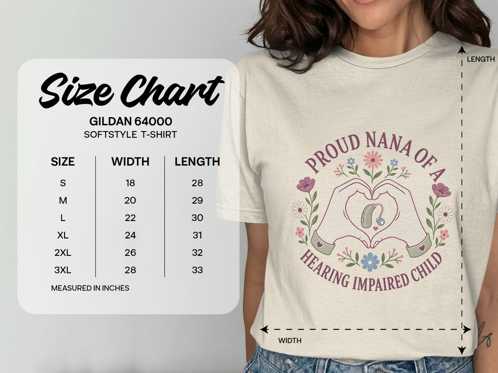 Gildan 64000 softstyle t-shirt size chart with measurements in inches.