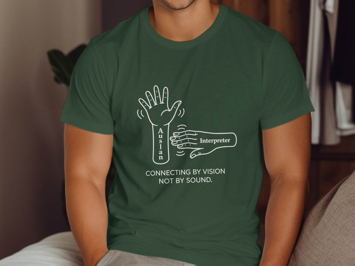 Green t-shirt with line art of hands and text "Auslan Interpreter Connecting by Vision Not by Sound".