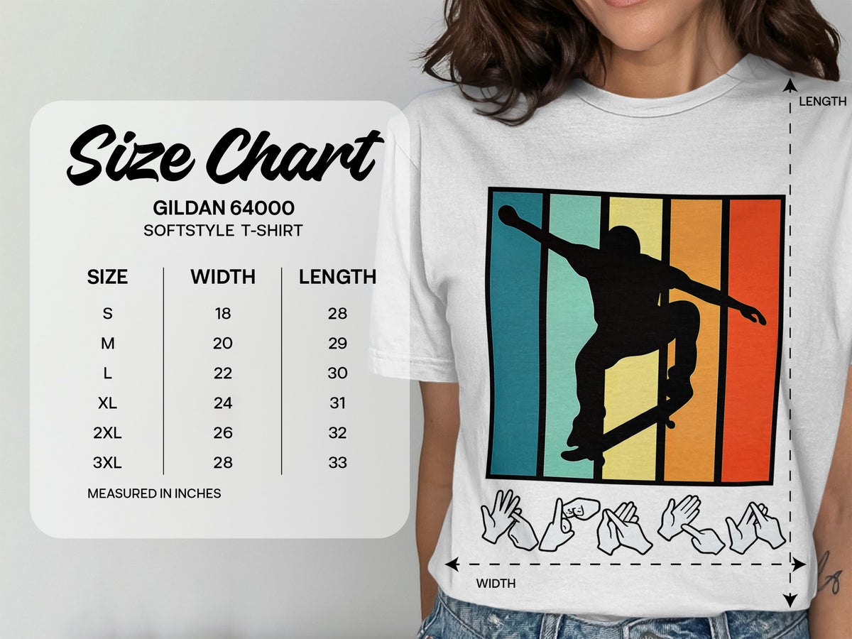 Gildan 64000 Softstyle T-Shirt size chart showing width and length in inches.