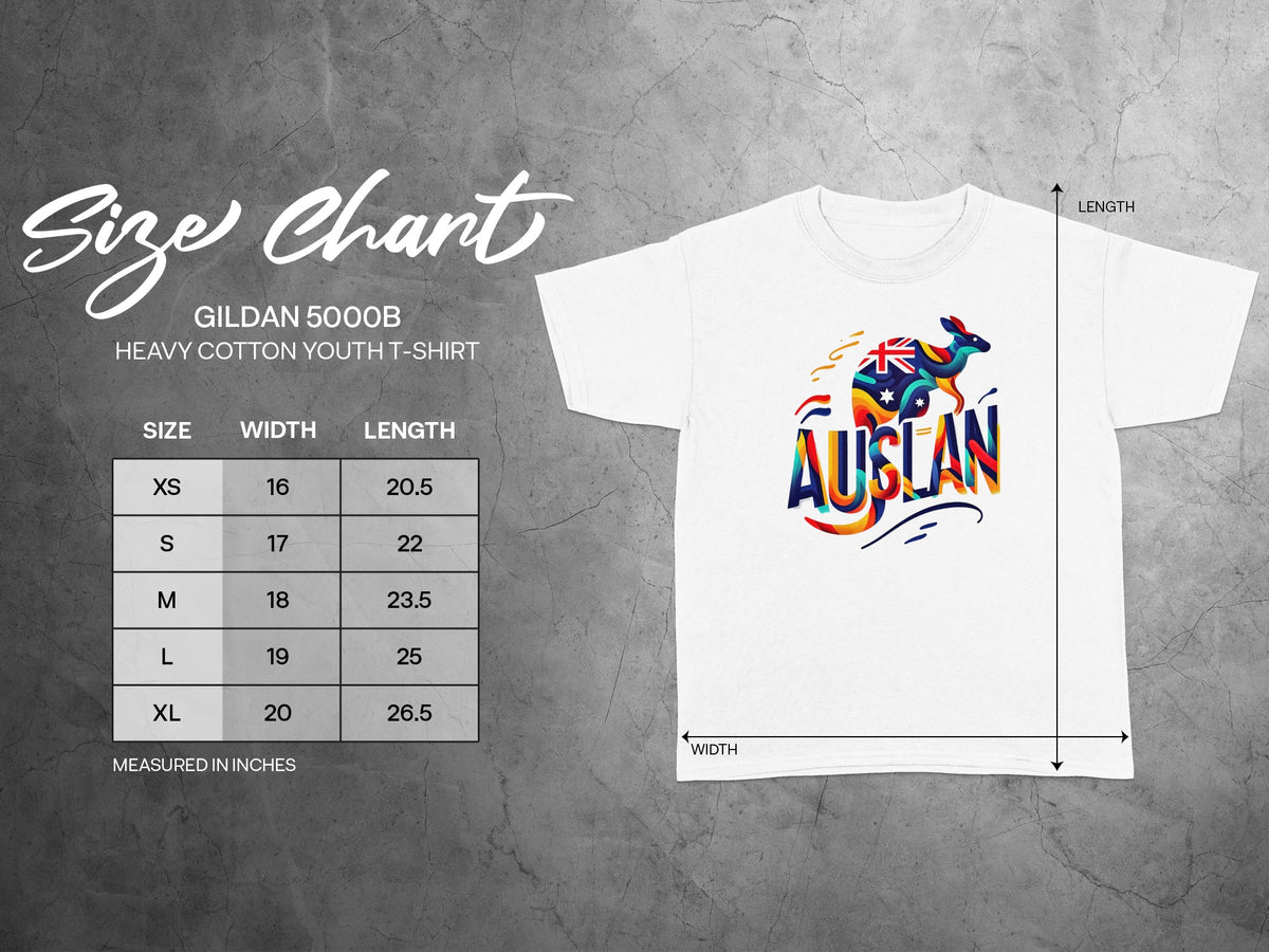 Gildan 5000B youth t-shirt size chart with width and length measurements in inches.