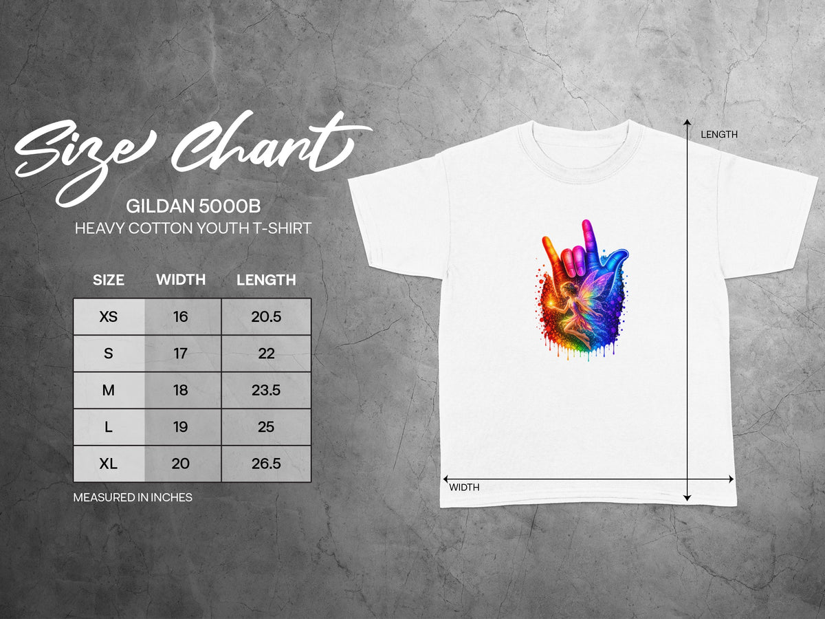 Gildan 5000B Heavy Cotton Youth T-Shirt size chart with width and length measurements.