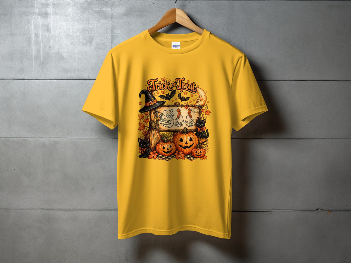 Yellow t-shirt with "Trick or Treat" Halloween graphic and pumpkins.
