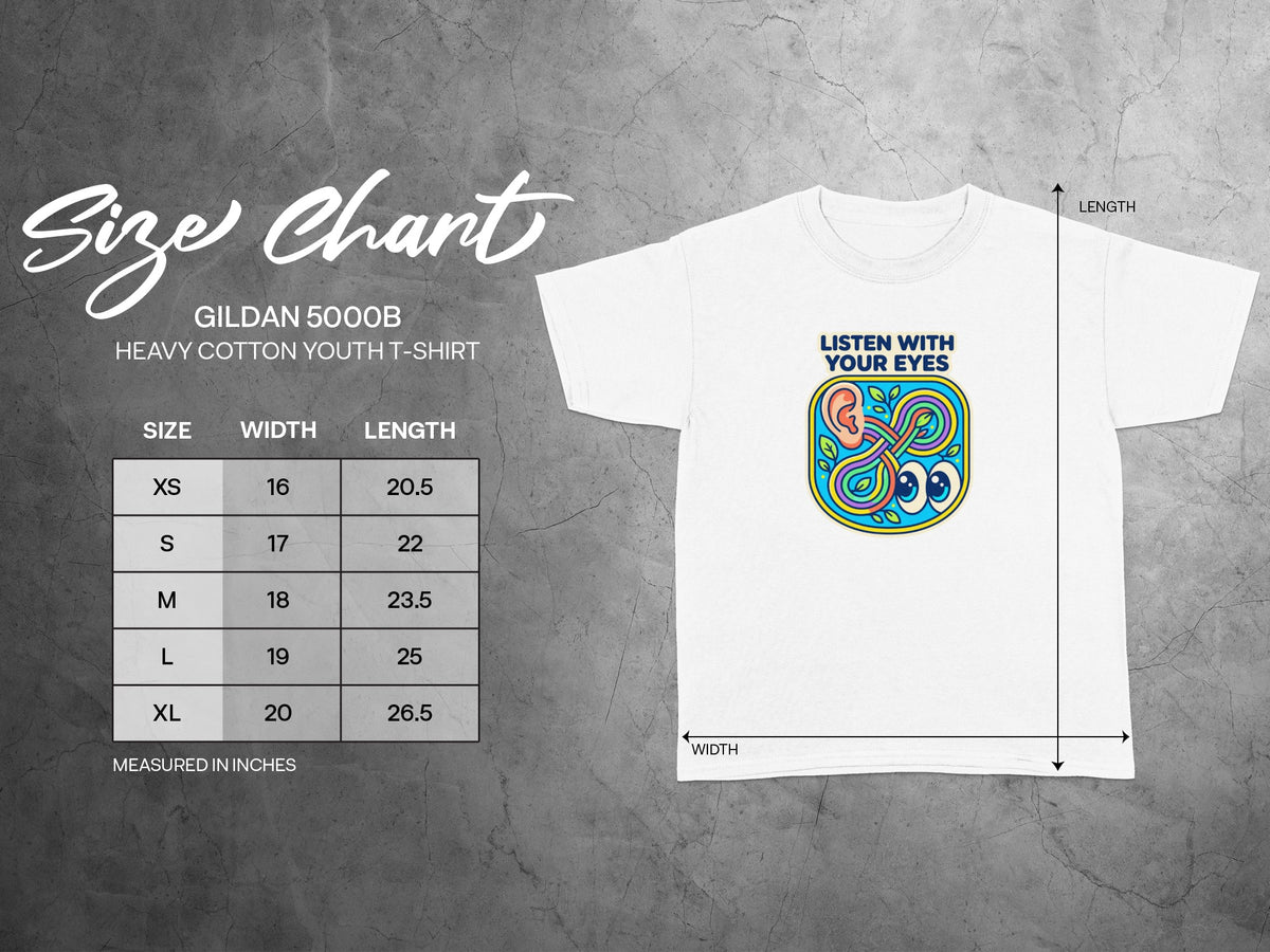 Gildan 5000B youth t-shirt size chart with measurements for width and length.
