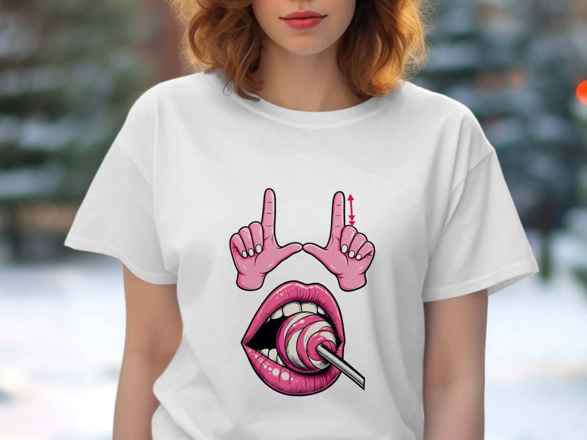 White t-shirt with cartoon lips, lollipop, and pointing fingers graphic.