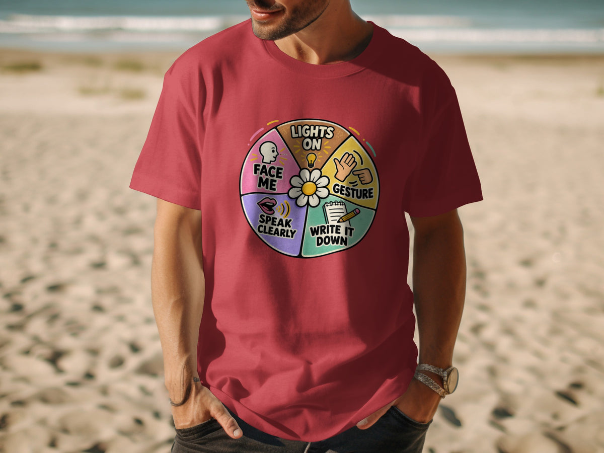 Red t-shirt with circular graphic: lights on, face me, speak clearly, write it down, gesture.