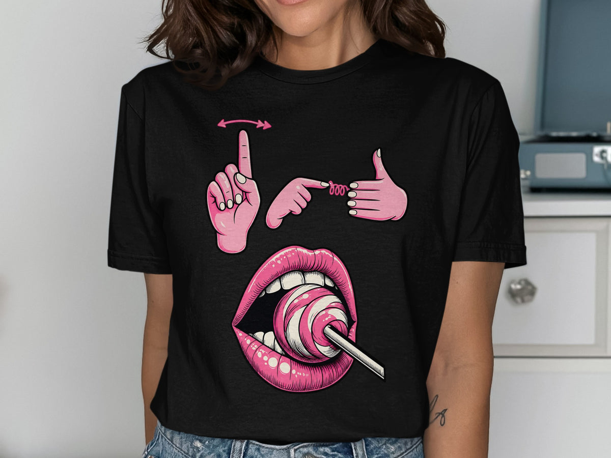 Black t-shirt with pink graphic of mouth with lollipop and hands signing