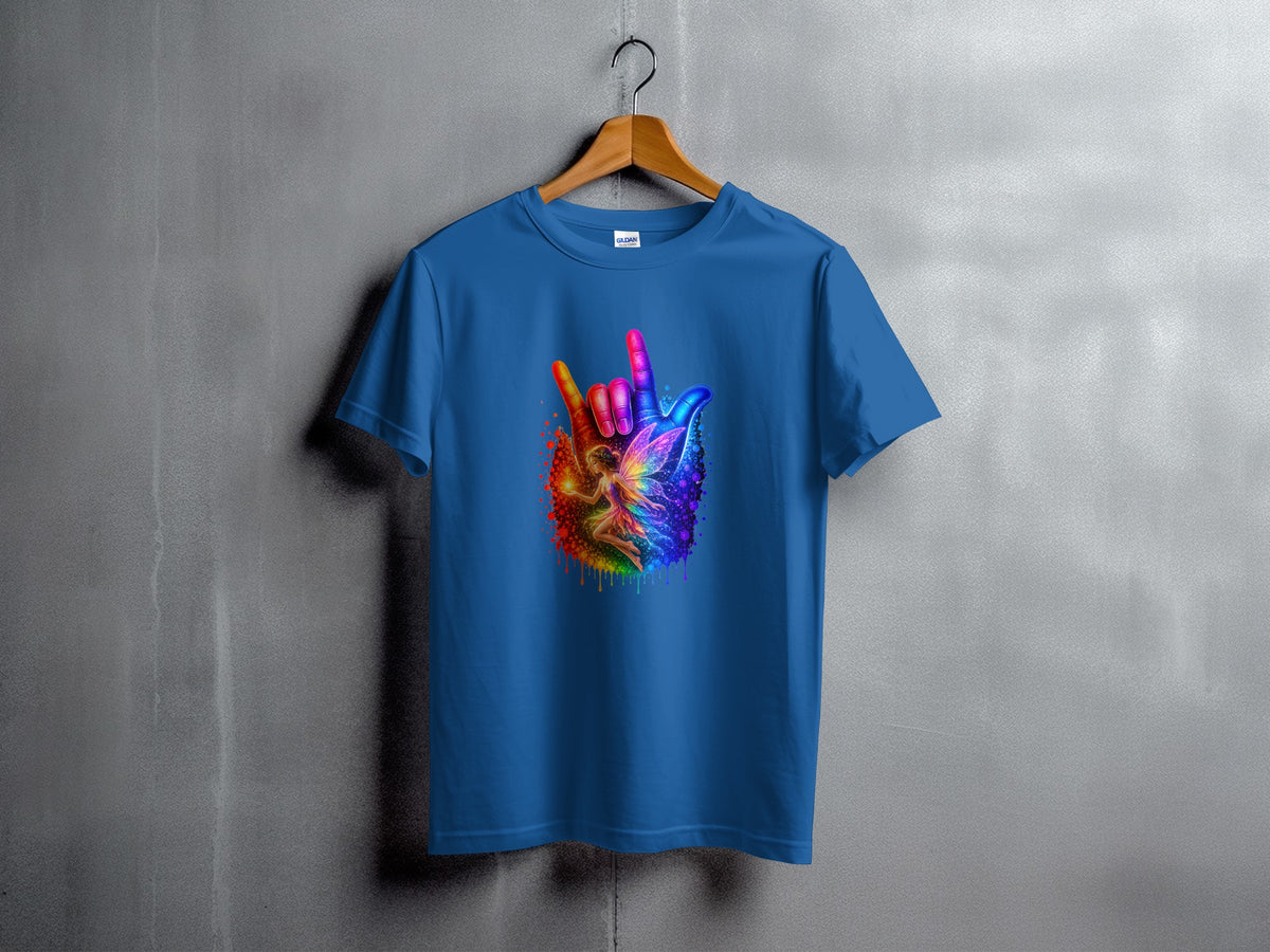 Blue t-shirt with a colorful fairy and hand symbol graphic.