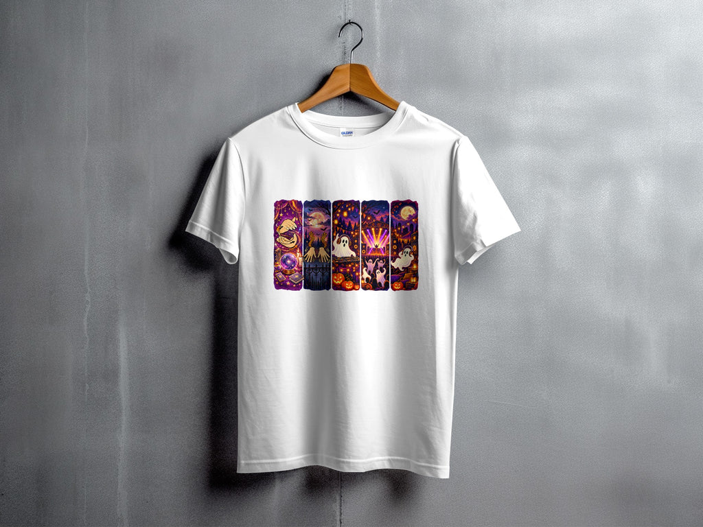 White t-shirt featuring a Halloween-themed print with ghosts, pumpkins, and moonlit scenes.