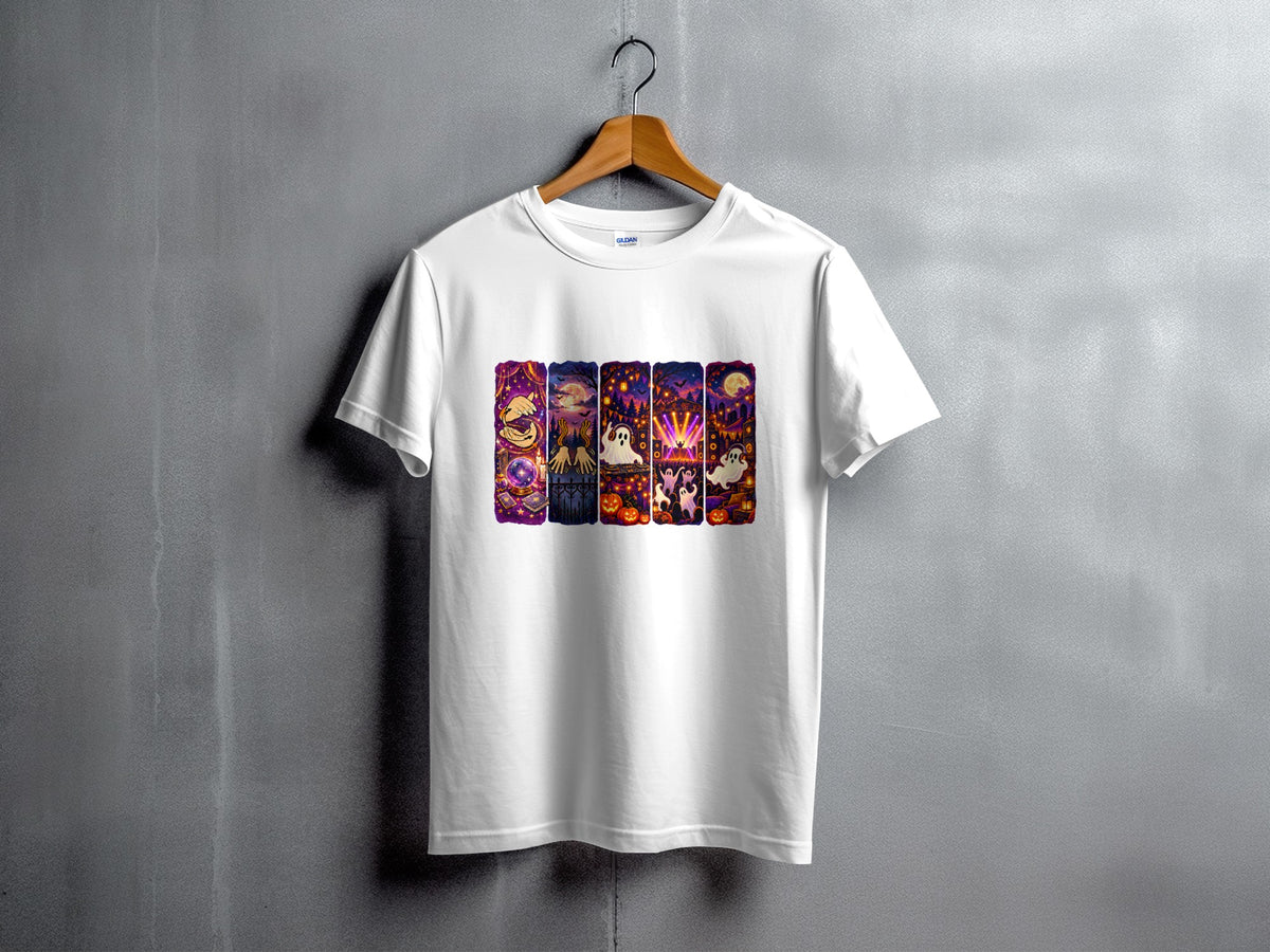 White t-shirt featuring a Halloween-themed print with ghosts, pumpkins, and moonlit scenes.