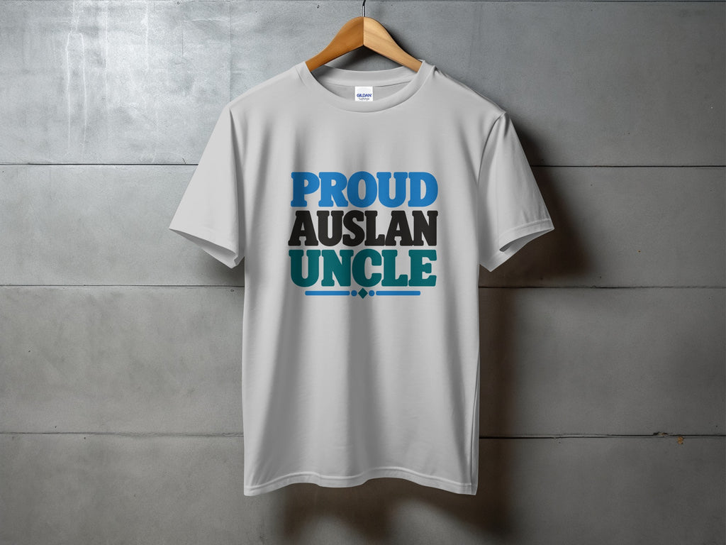 White t-shirt with "PROUD AUSLAN UNCLE" text in blue, black, and teal.