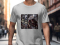 T-shirt graphic features gothic scenes with ghosts, skulls, roses, and a vampire in a coffin.